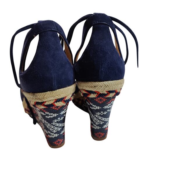Cabi Women's Sz 8 Isla Navy Orange Espadrille Wedge Suede Sandals Ankle Wrap - Picture 5 of 10
